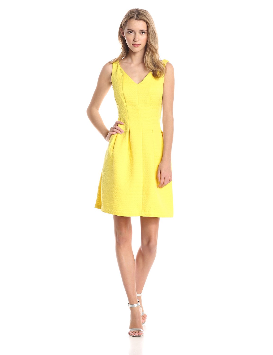 Lemon yellow Taylor Dresses Womens Bubble Jacquard Fit and Flare Dress